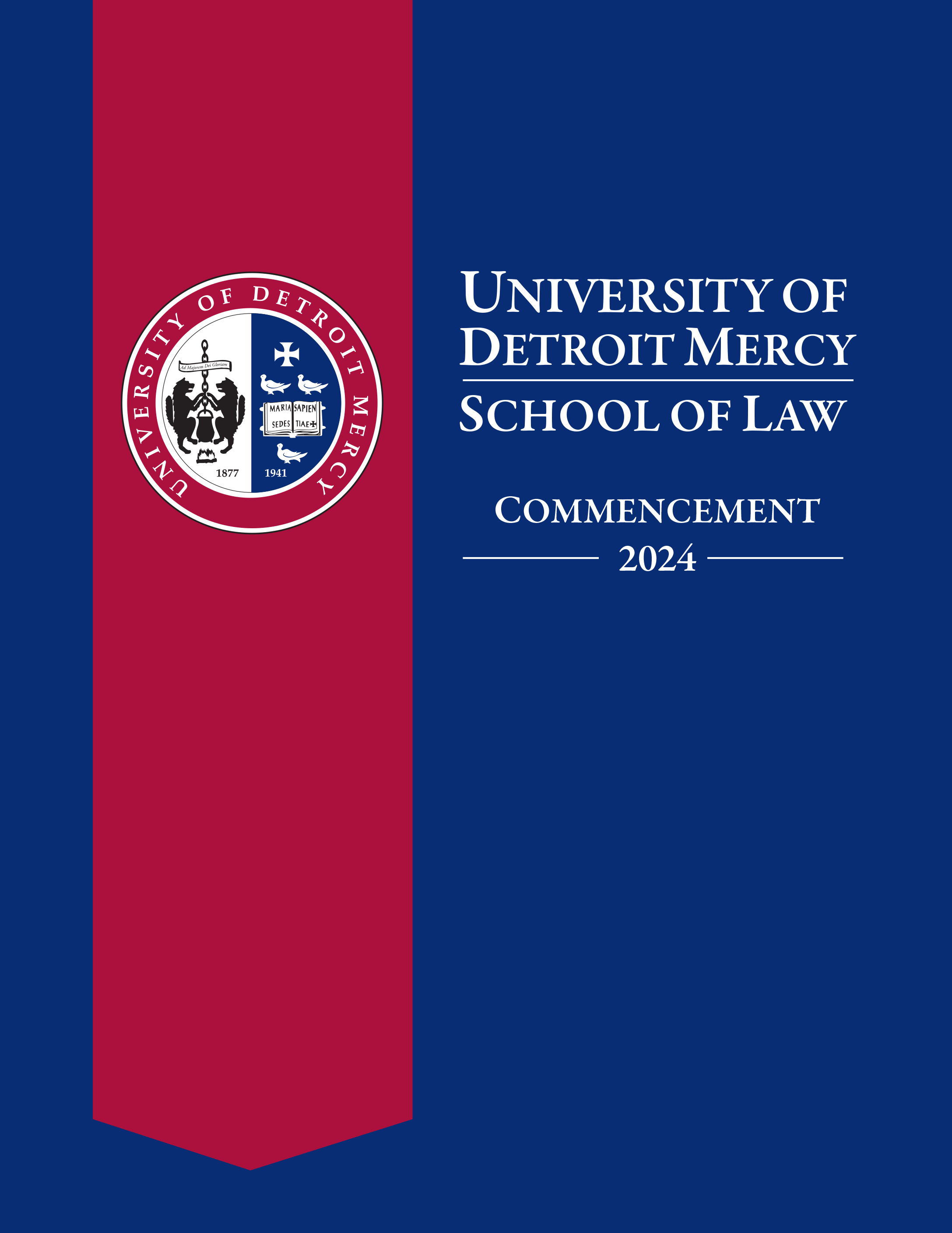 University of Detroit Mercy Law 2024 Commencement program featuring the UDM crest on a red and blue cover.