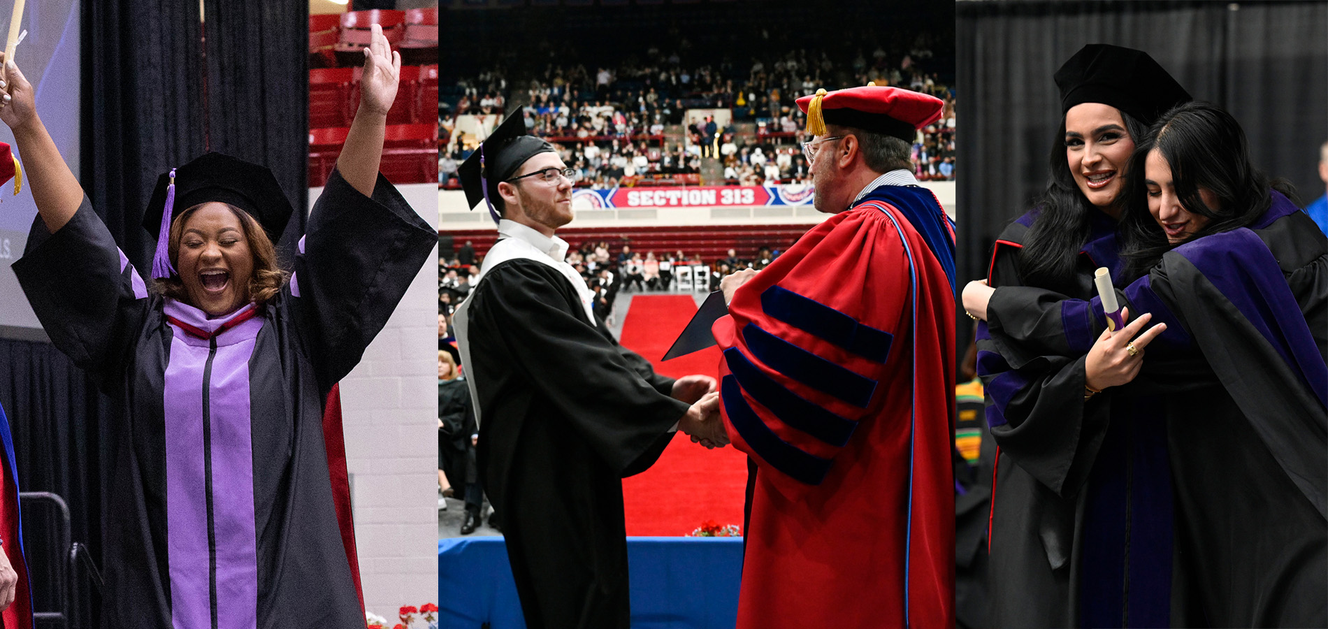 Photos of three graduates during commencement ceremonies inside of Calihan Hall wearing robes and caps.