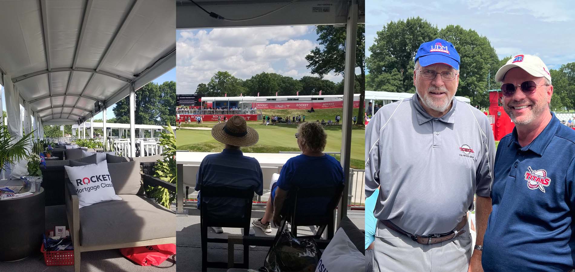 Three photos feature pictures of the suite at the Rocket Mortgage Classic, including people watching the golf tournament and at right two people wearing Titans gear posing for a photo.