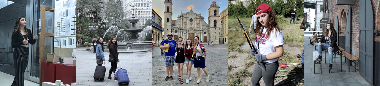 From left to right: Taylor Kile, pictured giving an architecture presentation, walking near a fountain in New York during a conference, standing with friends in front of a church in Cuba during a study abroad experience, holding a pair of lawn tools while volunteering in the surrounding community during PTV, and sitting on a table in New York during a trip for a conference.