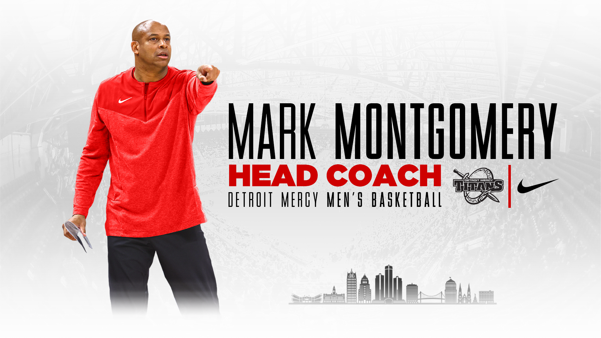 A graphic featuring a photo of Mark Montgomery, with text reading Mark Montgomery, Head Coach, Detroit Mercy Men's Basketball and featuring logos for Detroit Mercy Titans and Nike.