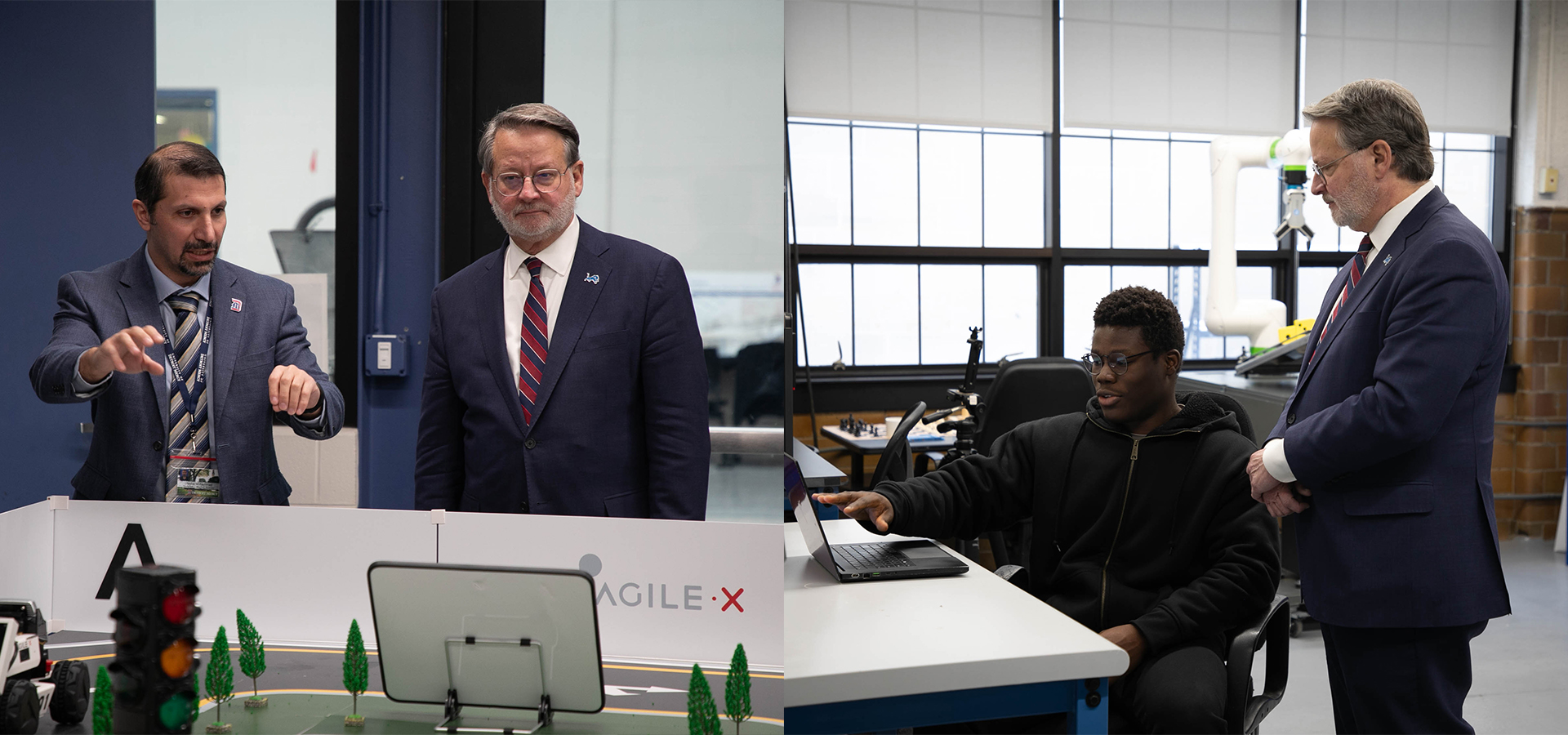 Senator Gary Peters is pictured in a pair of pictures inside of the Engineering Building, on the left with a professor looking at equipment and on the right talking with a UDM student as they look at a laptop computer.