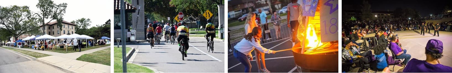 A collage of four images from UDM Hoco 2025, of Street Fest, bike ride, bonfire, night party/dancing