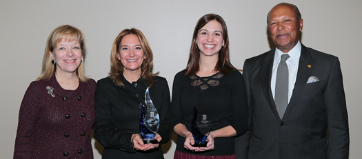University of Detroit Mercy gathered to honor two faculty members at the 2017 Faculty Recognition Awards, Nov. 10. Professor of Biology Mary Tracy-Bee was awarded the Faculty Excellence Award and Associate Professor of Psychology Kristen Abraham was awarded the Faculty Achievement Award.