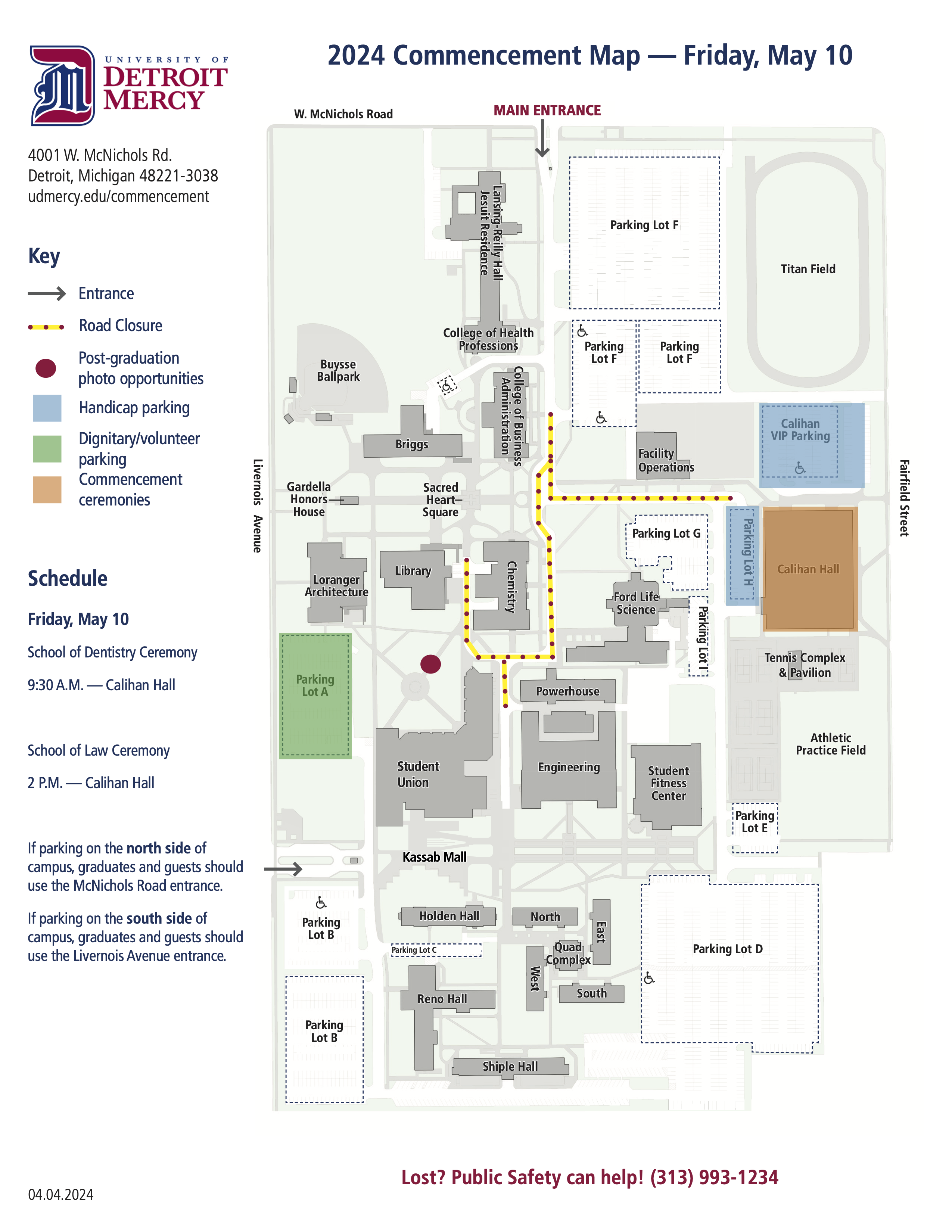 A Friday map for the McNichols commencement ceremonies at Detroit Mercy.