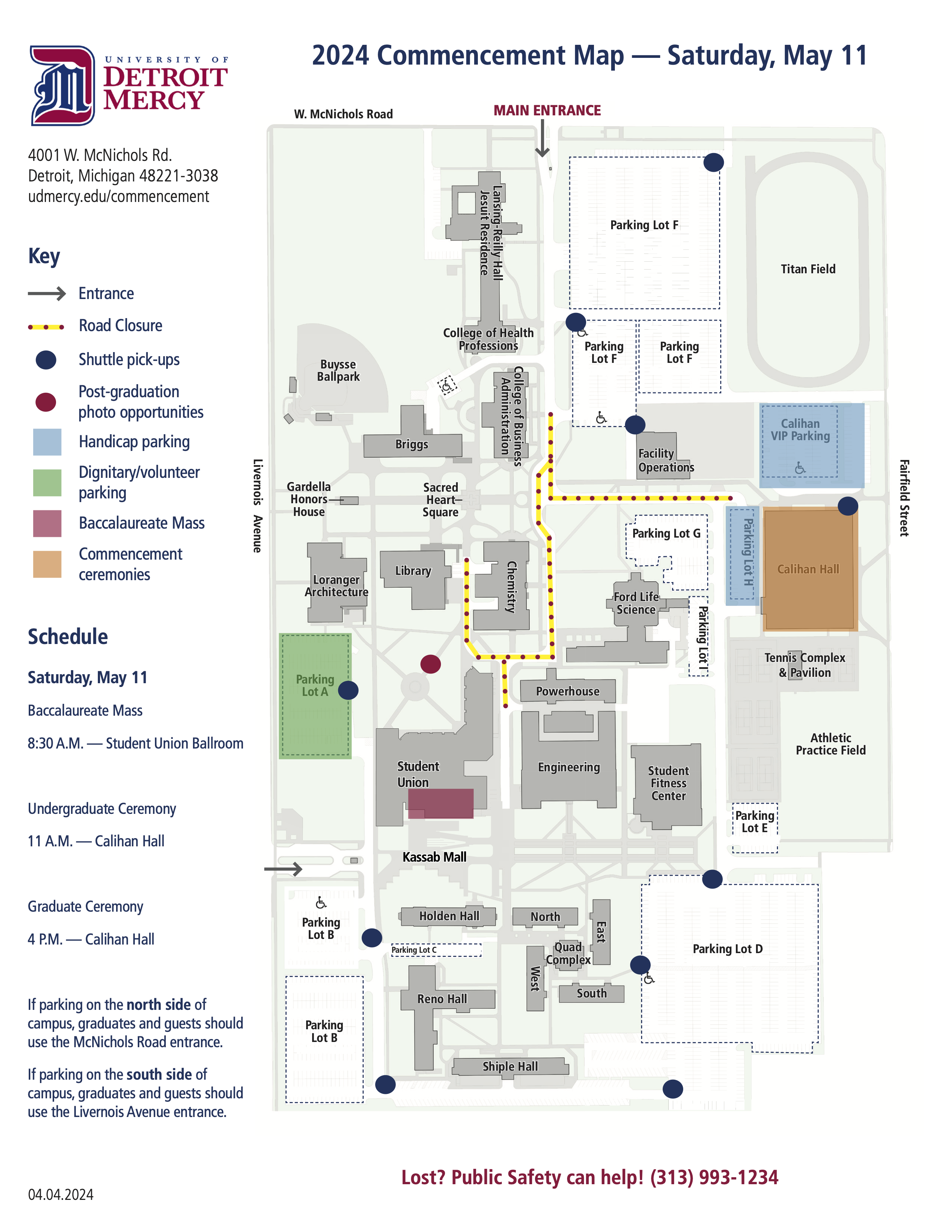 A Saturday map for the McNichols commencement ceremonies at Detroit Mercy.