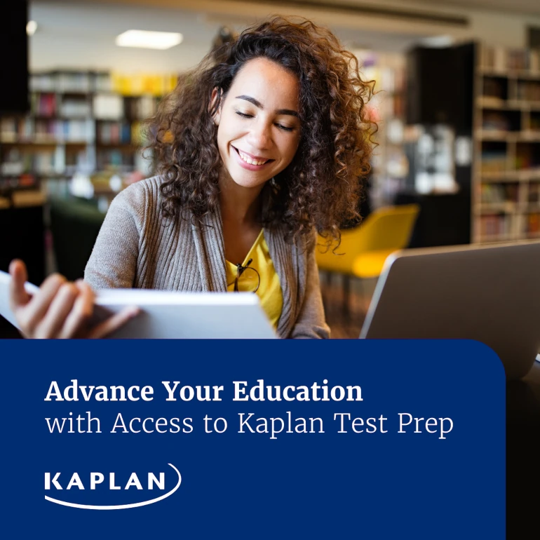 A smiling girl studying with the text: Advance your education with Kaplan Test Prep