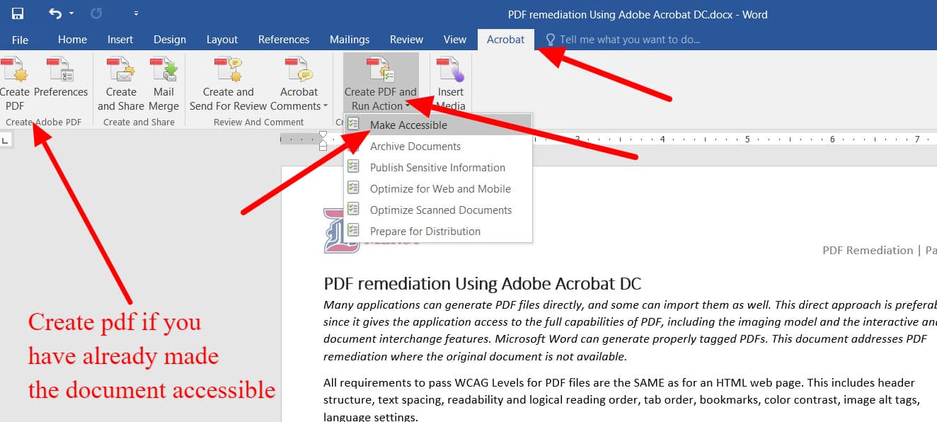 Acrobat tab shows the create pdf button options