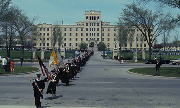 Front of Mercy College during a graduation ceremony