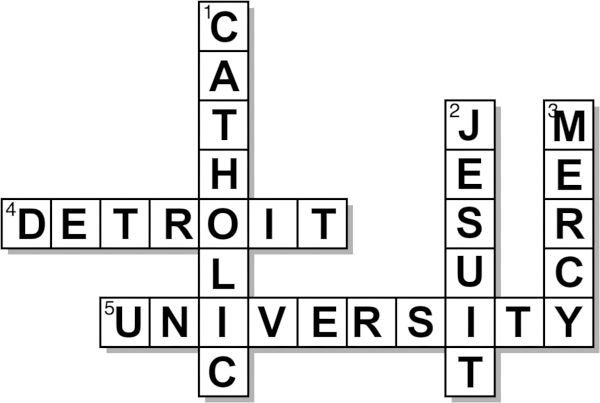 Crossword puzzle with words Jesuit, Mercy, Jesuit-Mercy, University, Detroit, and Catholic
