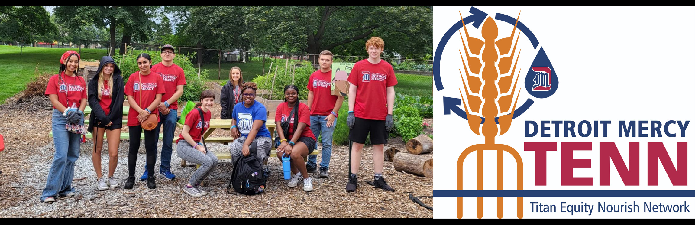 group of students in UDM tshirts in a community cleanup effort