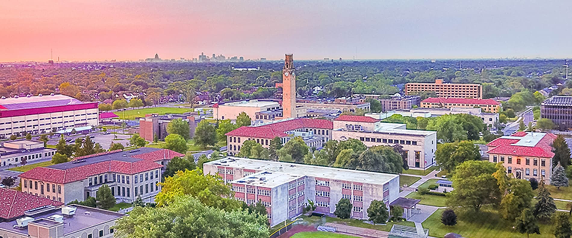 Aerial shot of Detroit Mercy's campus.