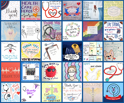 A photo of the alumni gratitude quilt, which features messages of thanks for healthcare heroes, healthcare gear, facemasks, hearts and the Detroit Mercy logo.