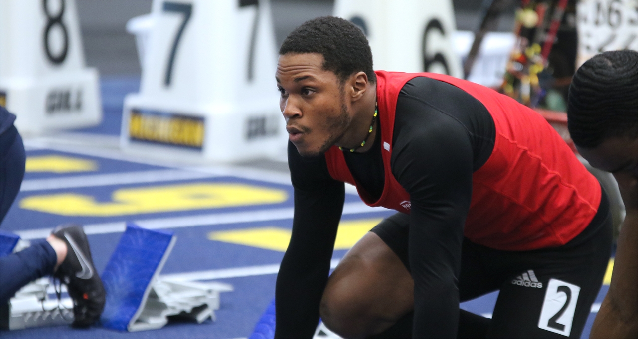 Bonanza Cummings prepares for a track and field race while competing for Detroit Mercy.