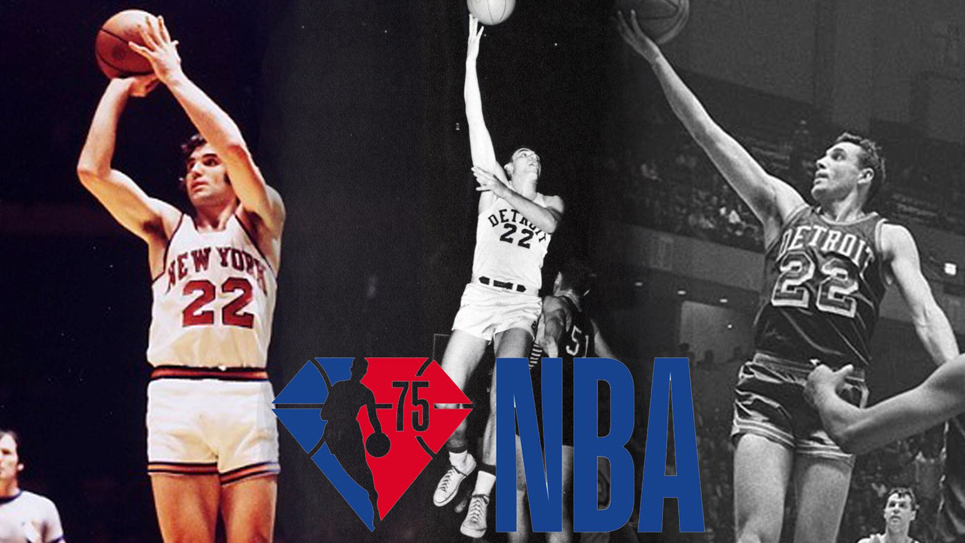 A graphic of Dave DeBusschere during his career with the Knicks, Titans and Pistons, featuring the NBA 75 logo (which features the regular NBA logo inside a diamond with 75 inside)