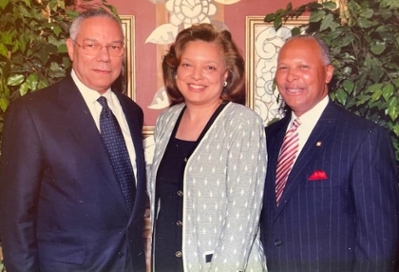A photo of Dr. Antoine M. Garibaldi and Carol Garibaldi with General and former Secretary of State Colin Powell.