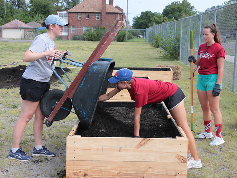"A group of students unload a wheelbarrow of mulch during PTV.