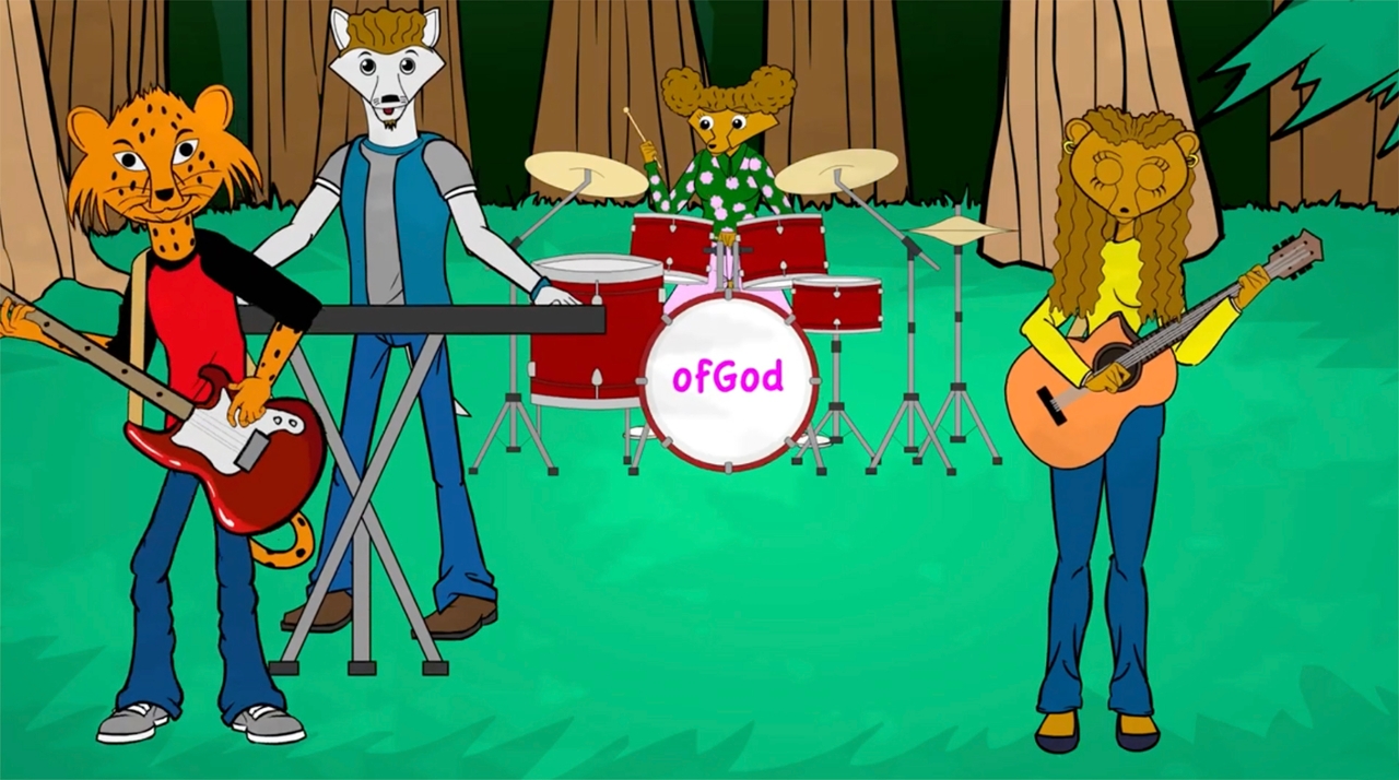 ofGod performing its song, "Miracles," in a forest. The band consists of lead singer and keyboardist Miles (a husky dog), drummer Tammy (a fox) and Joi (a bear) and Shawn (a cheetah), who play guitar.