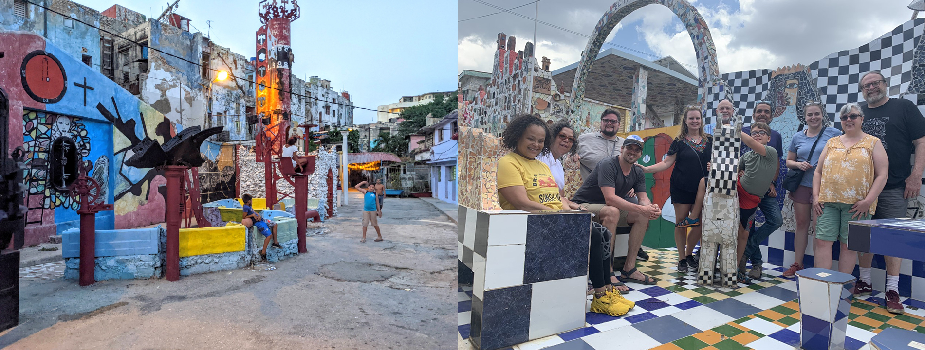 Image on the left features colorfully painted buildings and children playing in Cuba. On the right, members of the trip smile for the camera in Cuba.