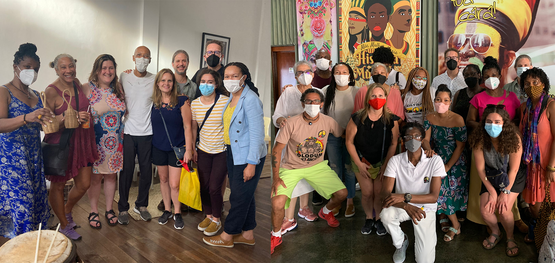 Two group photos, with nine people on the left indoors and 15 people on the right, many wearing masks.
