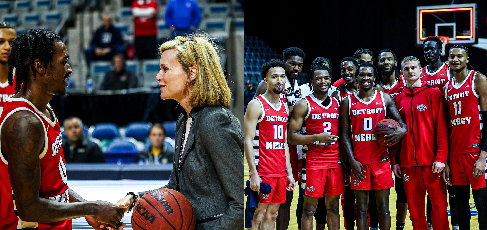Antoine Davis, left, shakes hands with Horizon League commissioner Julie Roe Lach, who holds a basketball, at right, the twelve Titan men's basketball student-athletes wearing red Detroit Mercy jerseys.