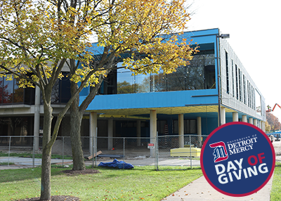A photo of the Student Union renovation project, with the University of Detroit Mercy Day of Giving logo featured in the corner.