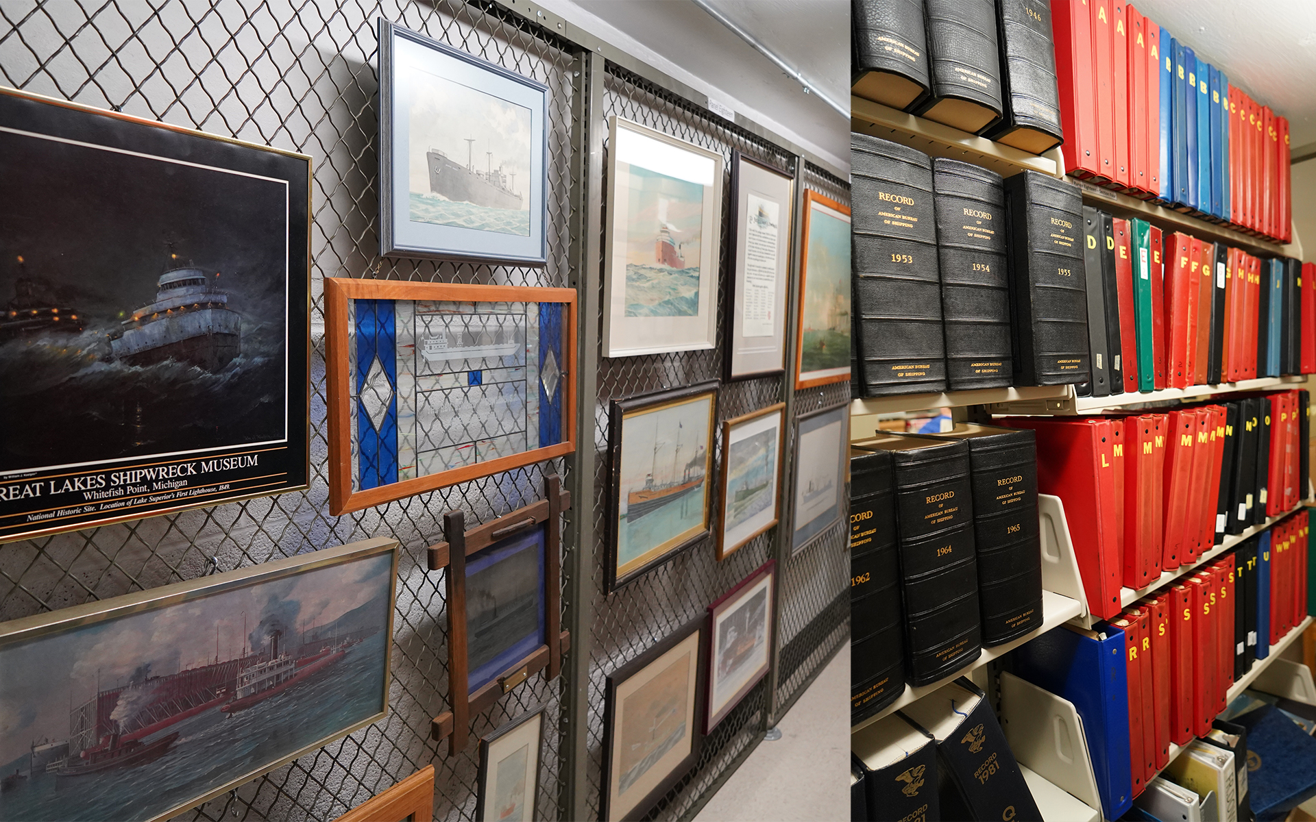 Binders of photos, paintings and other artifacts inside of the McNichols Campus Library