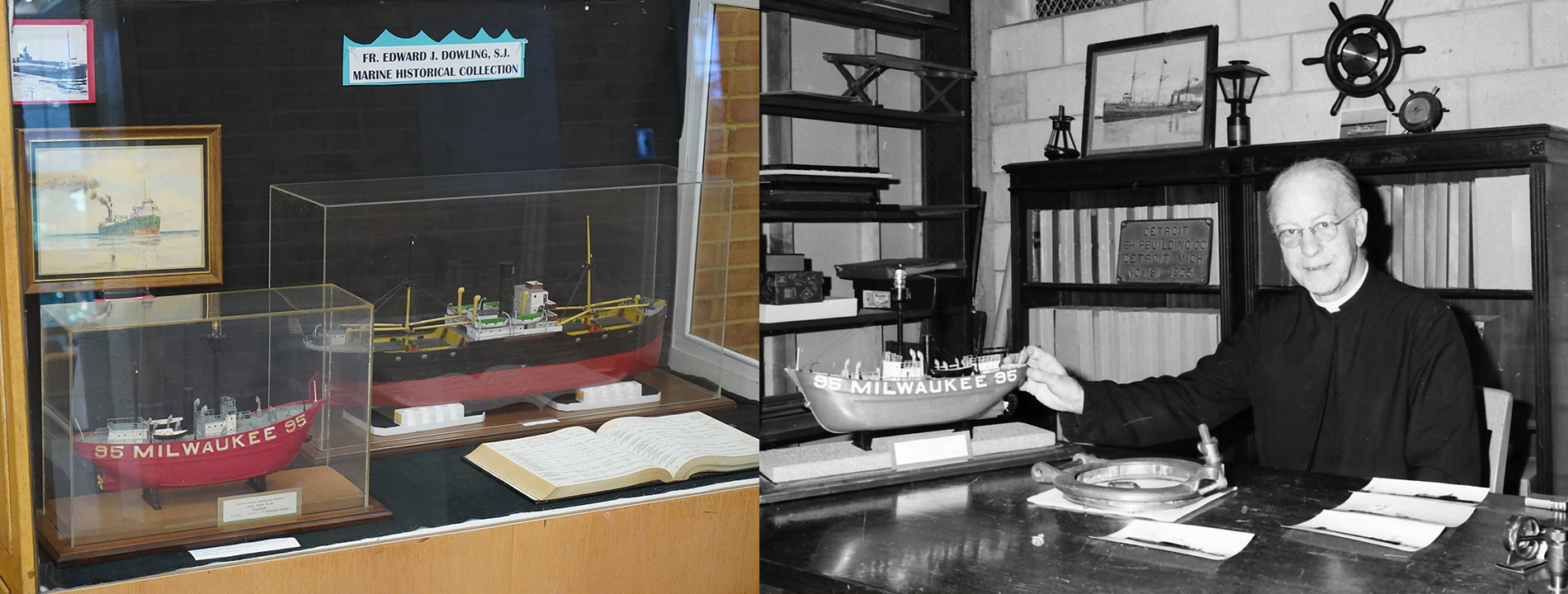 An exhibit of some of Fr. Dowling's collection on the left and Fr. Dowling himself sitting at a desk with his hand on a model ship, on the right.