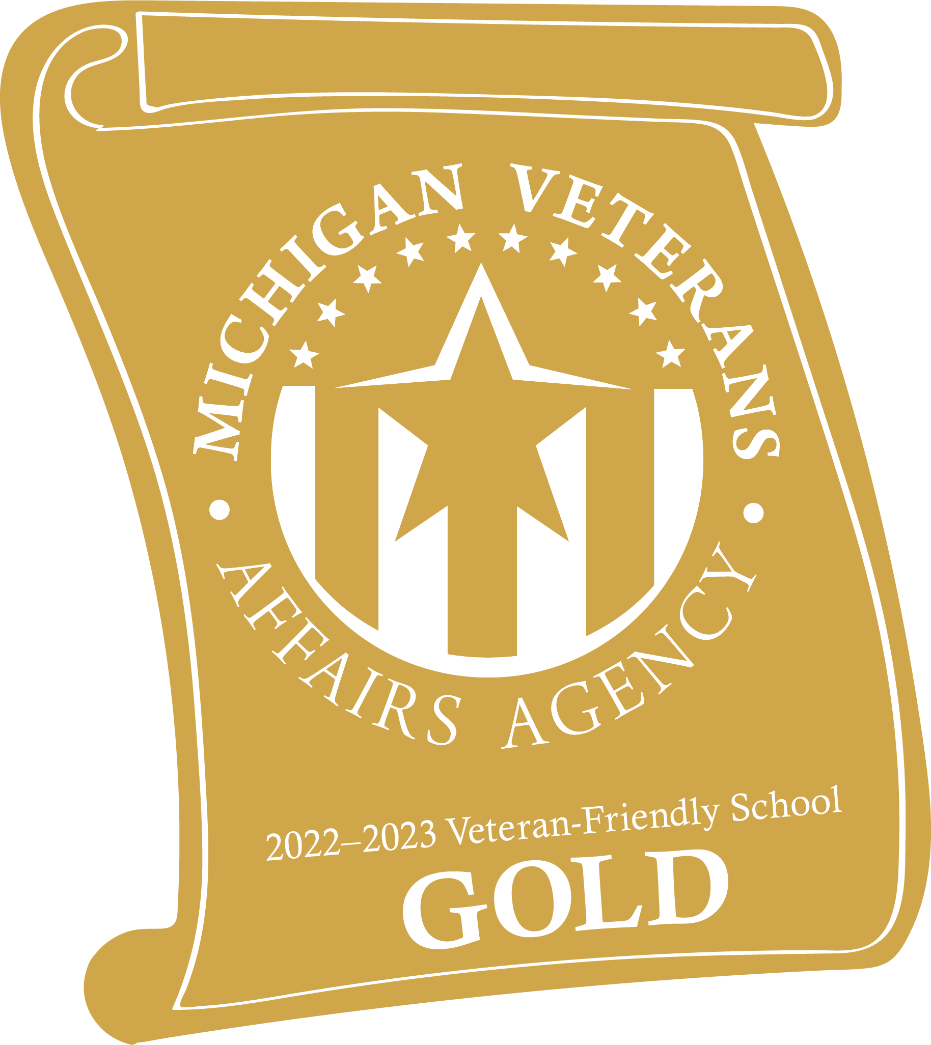 A graphic of a gold letter reads Michigan Veteran Affairs Agency 2022-2023 Veteran-Friendly School GOLD