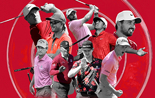 Golfers Will Zalatoris, Tony Finau, Justin Rose, Jason Day, Matt Kuchar, Cameron Young, Rickie Fowler, Kevin Kisner and last year’s winner, Cam Davis are seen in various golfing poses over a red background advertising the Rocket Mortgage Classic.