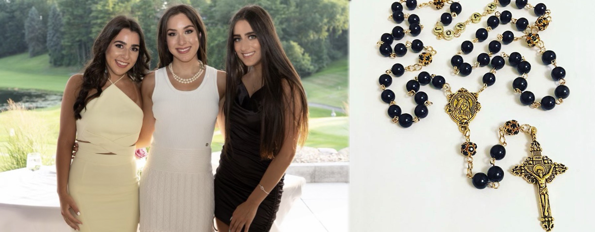 From left, sisters Taylor Bahoora, Danielle Raikany and Madelyn Bahoora pose together for a photograph. On the right is a picture of one of the custom rosaries the sisters make.
