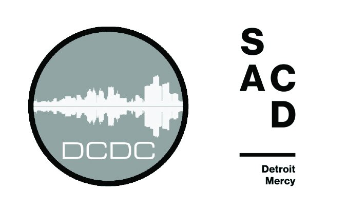 The Detroit Collaborative Design Center logo (DCDC), a grey circle outlined in black with the city of Detroit skyline seen in the background is seen next to the School of Architecture and Community Development logo (SACD) with the words Detroit Mercy written beneath it.