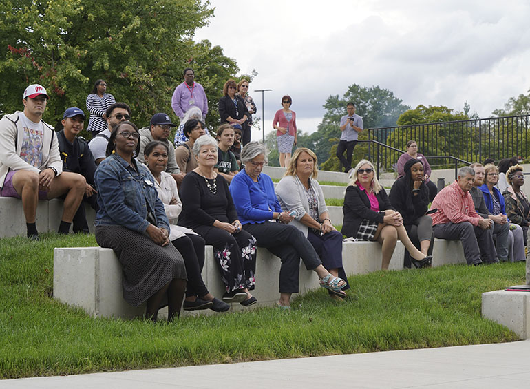 Members of the Detroit Mercy community watch and listen during the grand opening and blessing of the new Student Union.