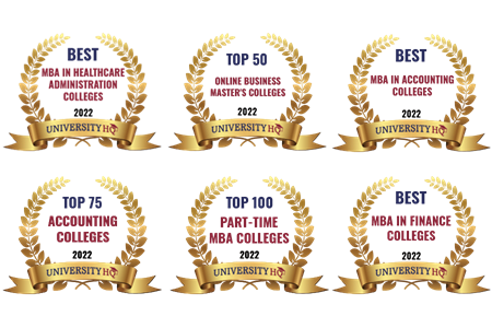 A set of ranking badges from University HQ for Detroit Mercy’s College of Business Administration programs: Best MBA in Healthcare Administration Colleges; Top 50 Online Business Master’s Colleges; Best MBA in Accounting Colleges; Top 75 Accounting Colleges; Top 100 Part-Time MBA Colleges; Best MBA in Finance Colleges.