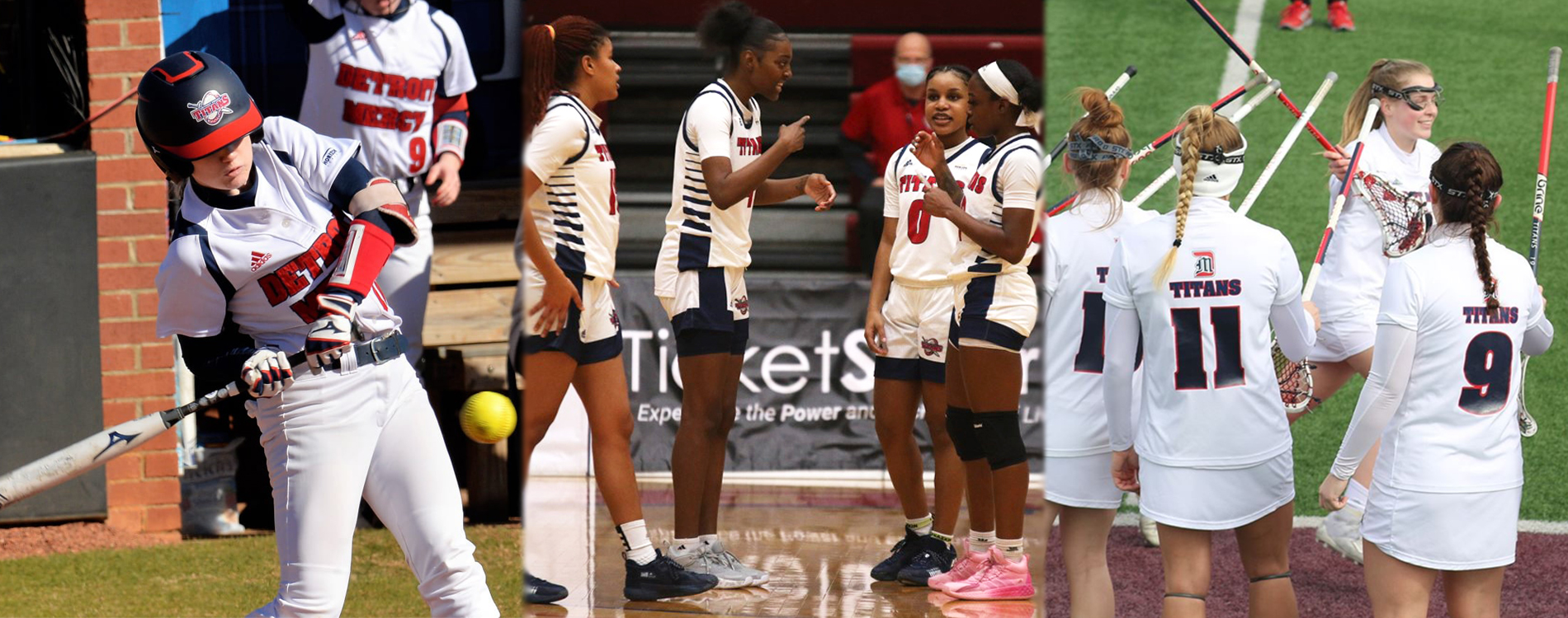 A full width image of Titan women student-athletes, featuring a softball student-athlete readying a swing, women’s basketball players huddling during a game at Calihan Hall and women’s lacrosse players celebrating during pre-game introductions.