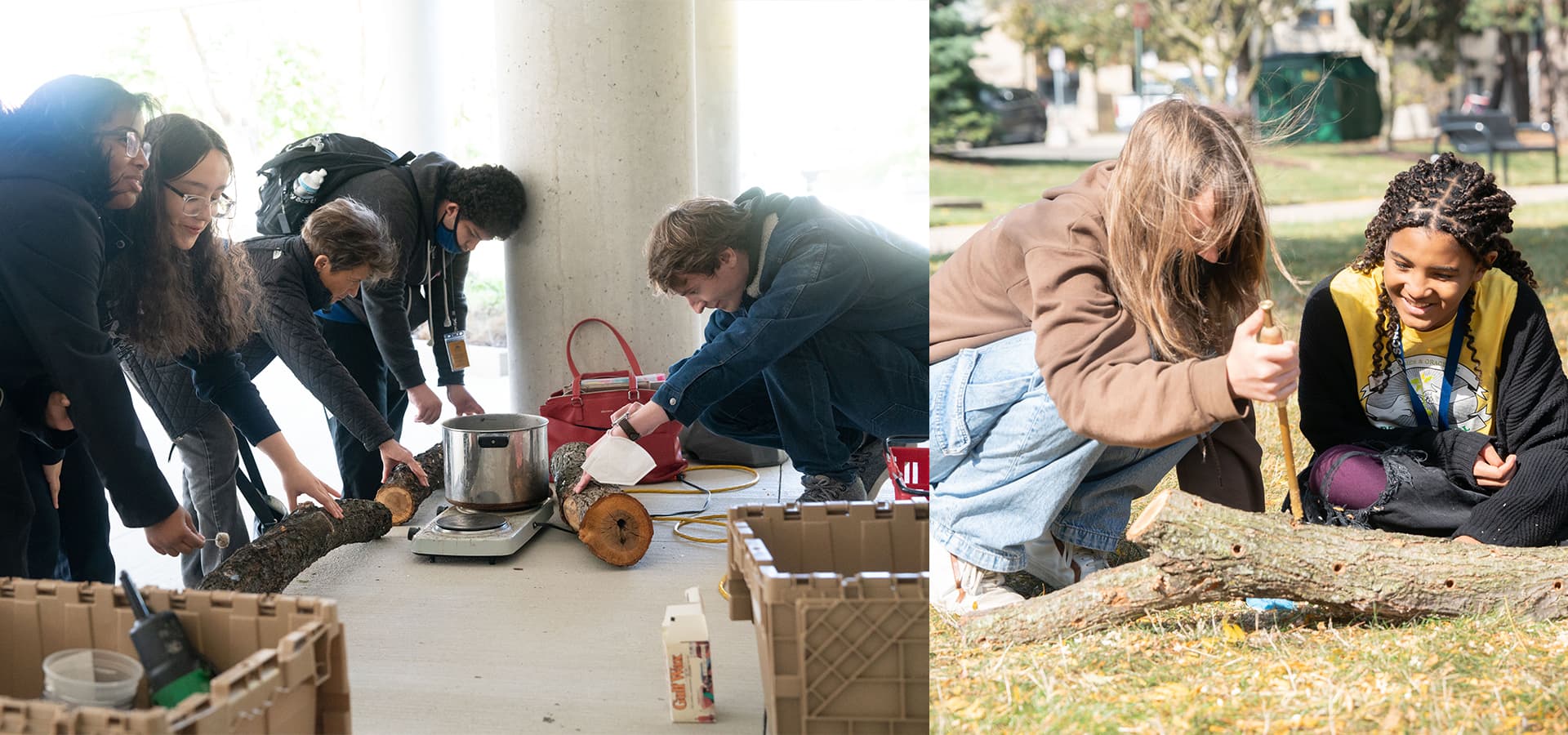 Students and others during the 2022 Bioneers conference, working outside on logs.