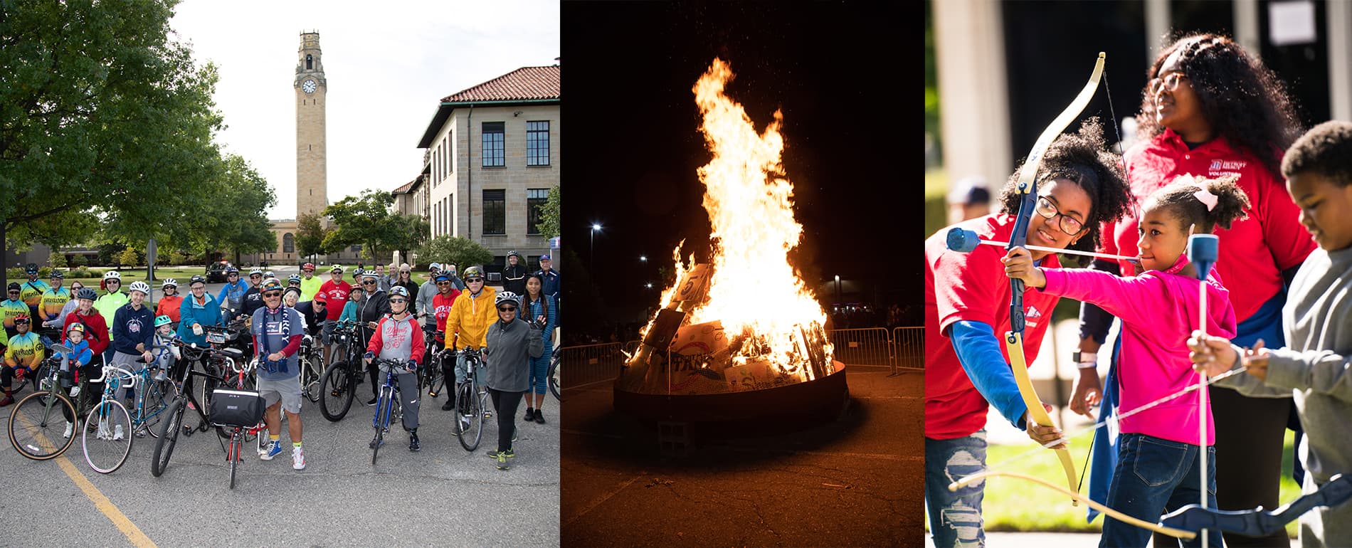 A large group of people with bikes outdoors in front of a clock tower at left, in the middle a photo of a bonfire at night and on the right, students help children shoot a toy bow and arrow.