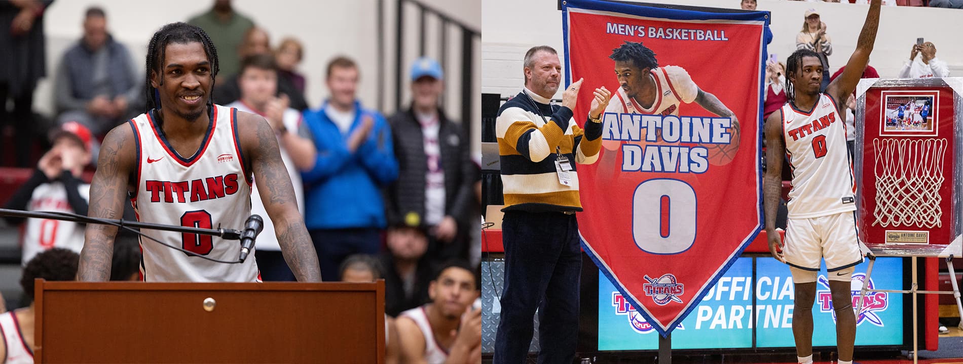 Antoine Davis speaks from a podium indoors at left, with sitting people behind him. President Donald Taylor, left and Antoine Davis stand next to a large banner reading 'Men's Basketball, Antoine Davis, 0' with another frame holding a picture of Davis, a basketball net and a plaque with his name on it. Davis wears a Titans #0 jersey and holds up his hand, waving.