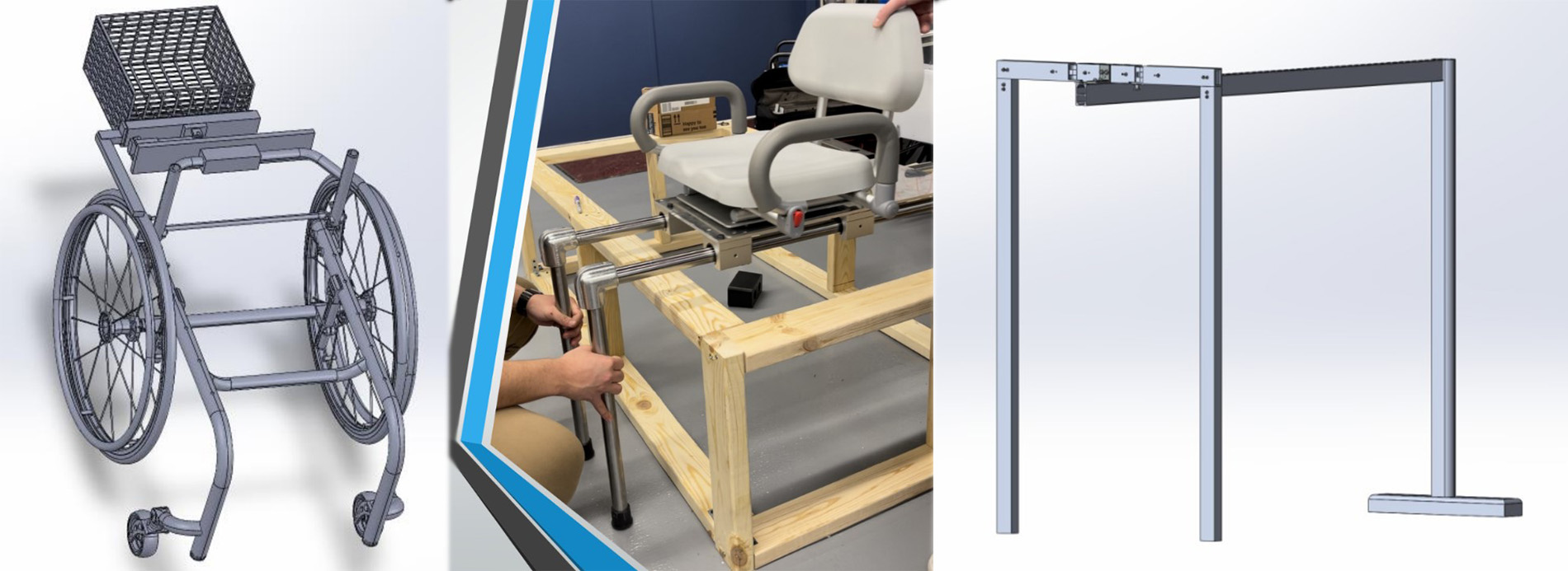 Three assisted technology devices worked on by University of Detroit Mercy Engineering and Nursing students. From left: a wheelchair storage device for Holly; a custom shower chair for Pete; and a device that allows Scott to transition from his wheelchair to an RV bed.