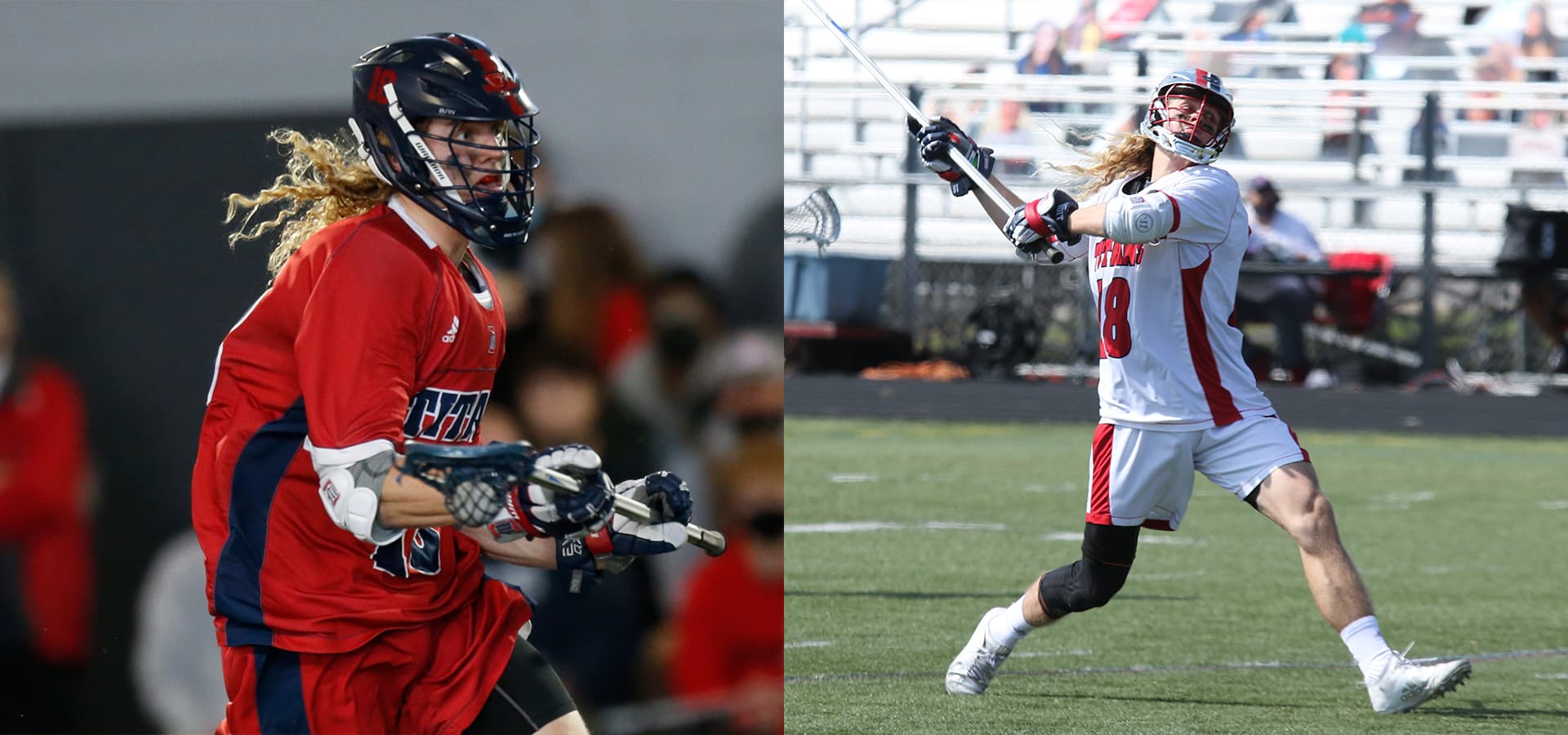 Paul Manuszak plays lacrosse in a pair of photos indoors.