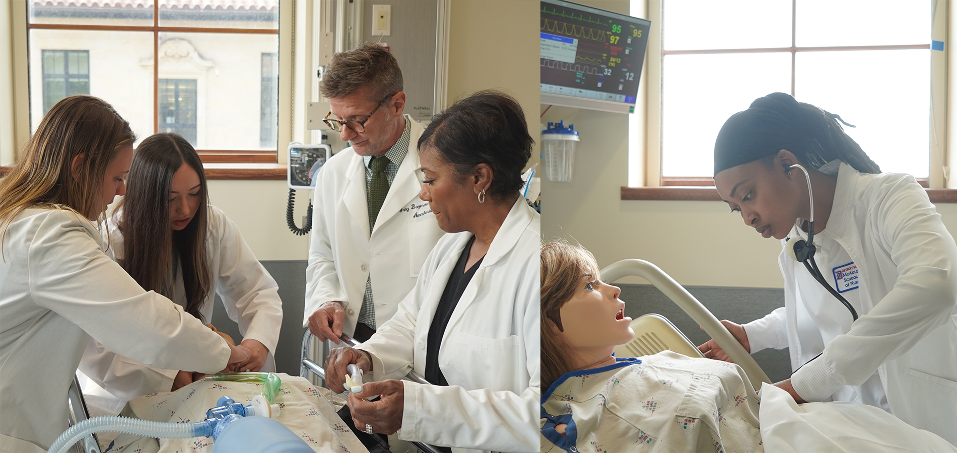 Five people are pictured standing and working on a mannequin patient inside STAR simulation center classrooms.