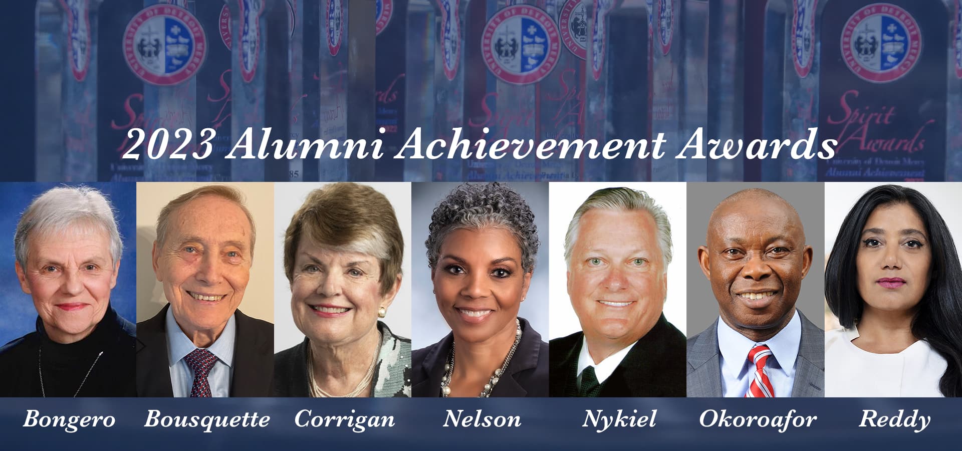A graphic featuring the text 2023 Alumni Achievement Awards, with photos of the seven winners and their names below.
