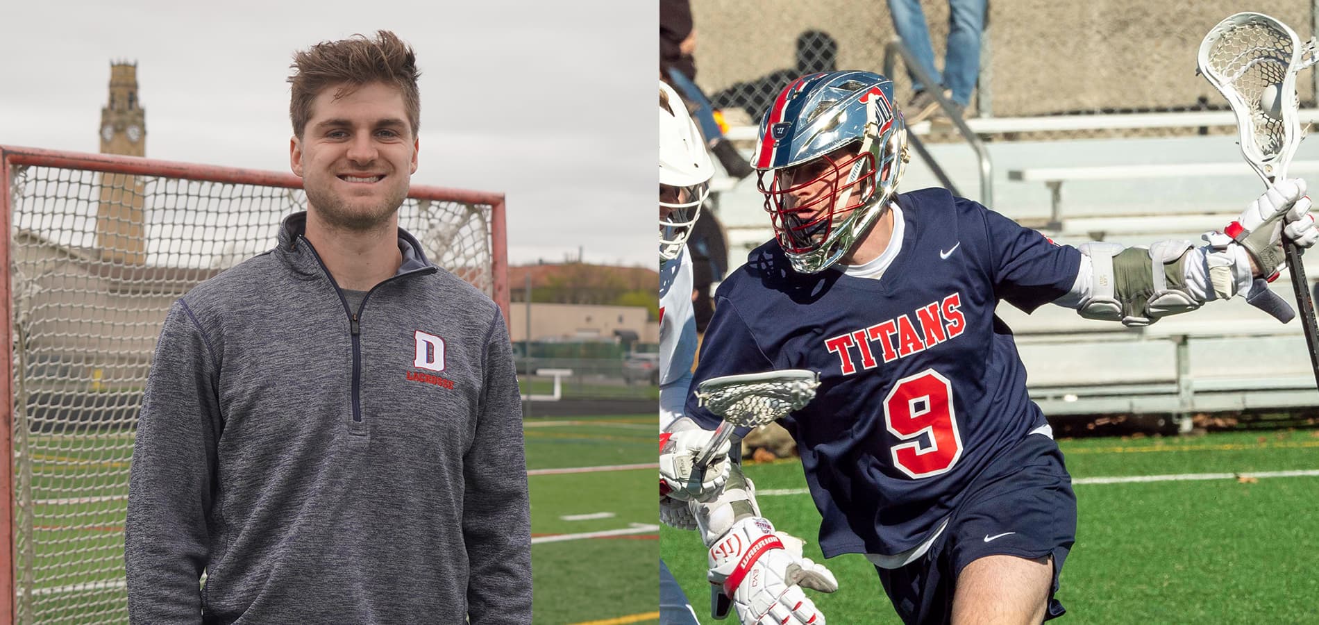 Ryan Birney stands outdoors in front of a lacrosse goal smiling, with a clock tower and flag flying in the background at left, in the photo at right he plays in a lacrosse game, wearing a Titans No. 9 uniform.