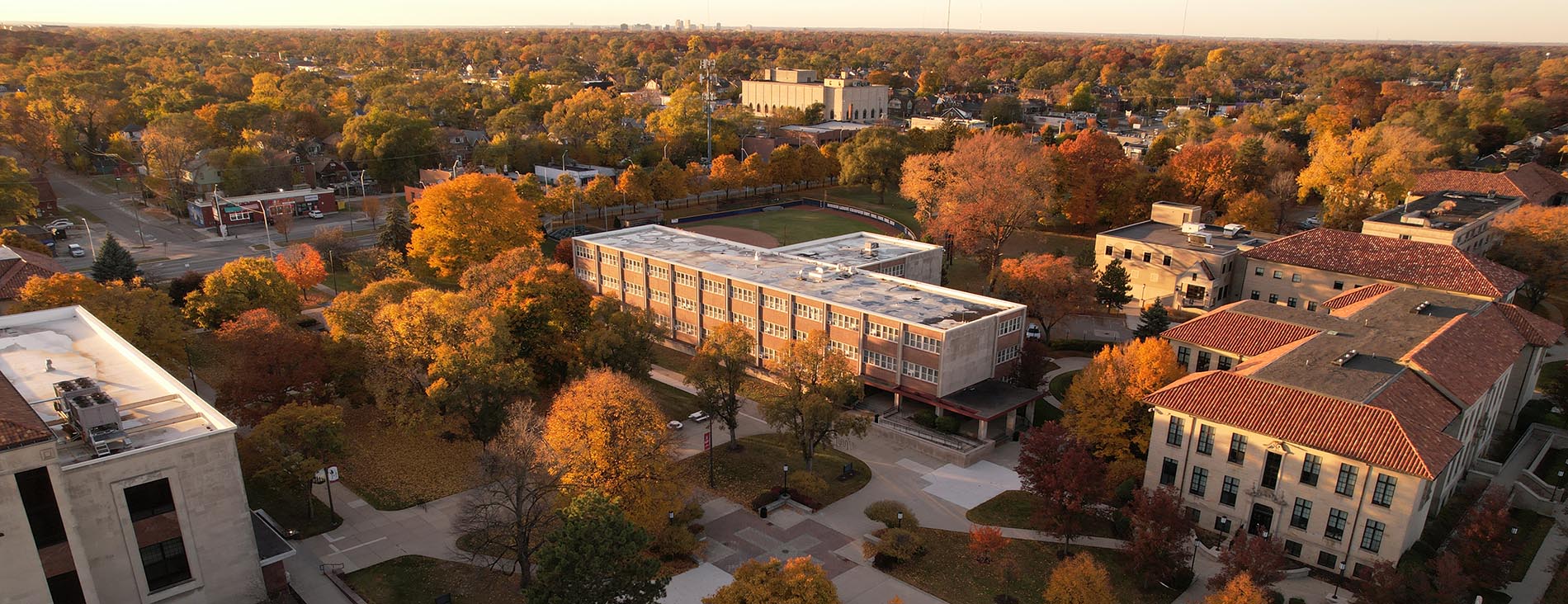 An aerial image of the Briggs Building (and other buildings on the McNichols Campus), which is home to the College of Liberal Arts & Education