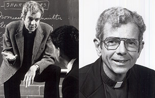 Two black and white photos featuring Fr. Jerry Cavanagh, at left, one of him teaching inside of a classroom and at right, posing for a head shot.