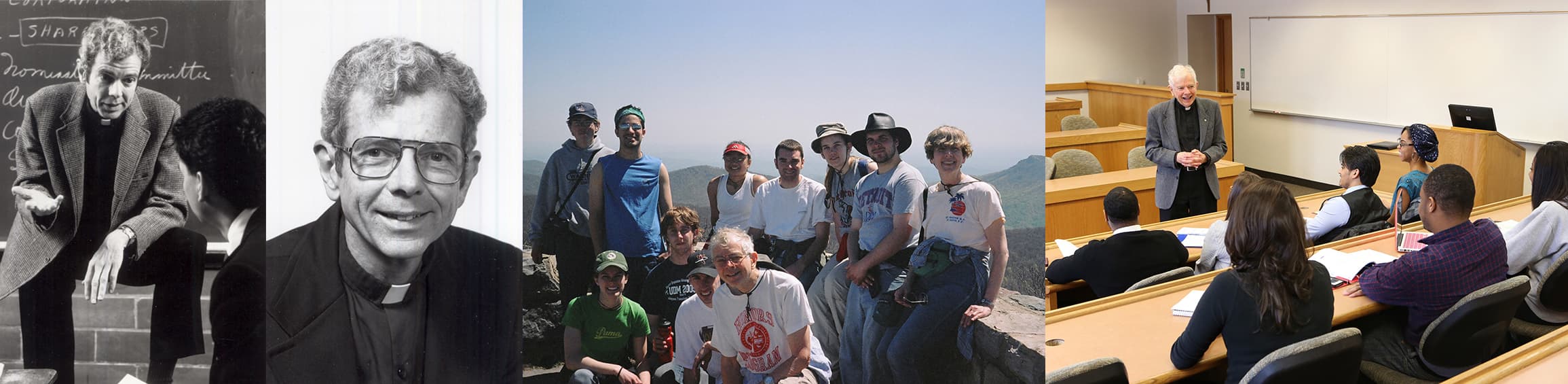 Several images of Fr. Cavanagh including old yearbook, teaching and immersion trip.