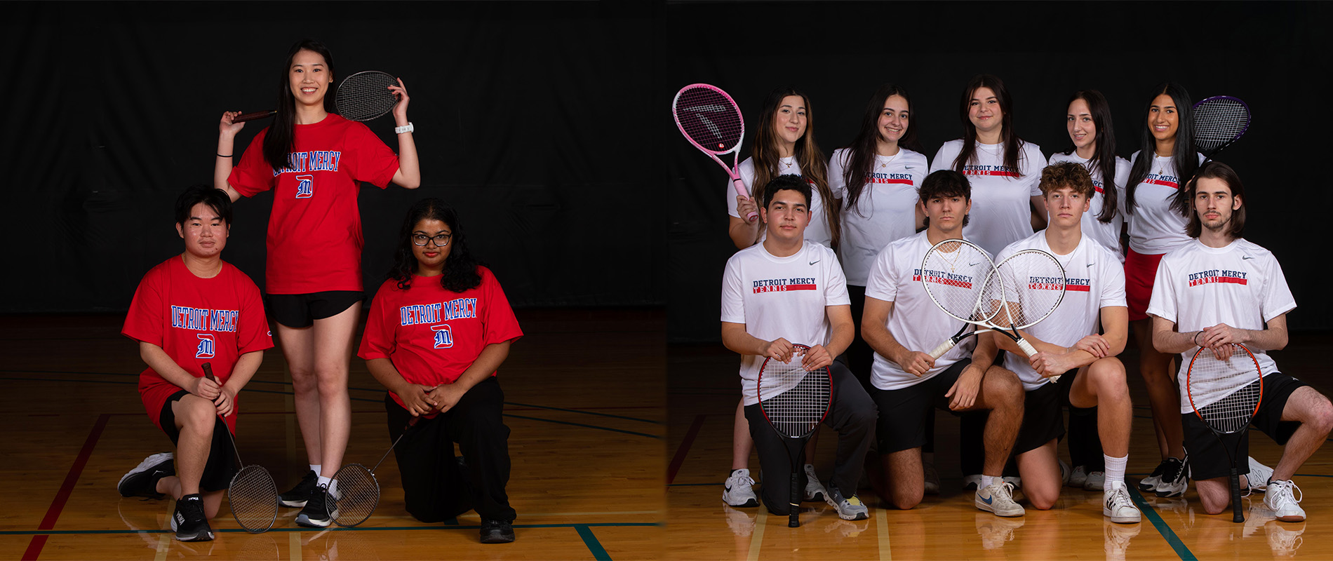 Members of the badminton and tennis club teams at University of Detroit Mercy hold their rackets as they pose for team photos inside a darkened Student Fitness Center.