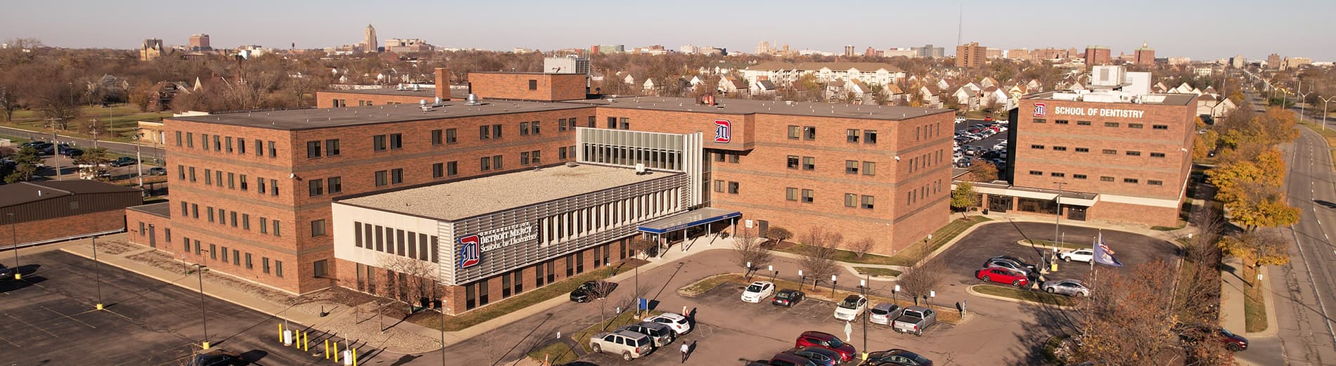 An arial photograph of UDM's School of Dentistry.
