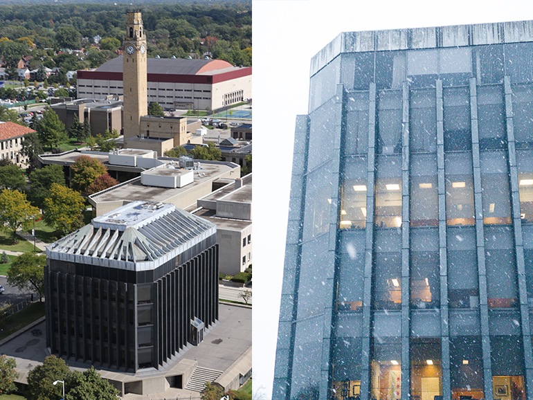 A split photo features an aerial shot of the McNichols Campus with the Fisher Building, clock tower and Calihan Hall and on the right, snow flies in front of the Fisher Building.