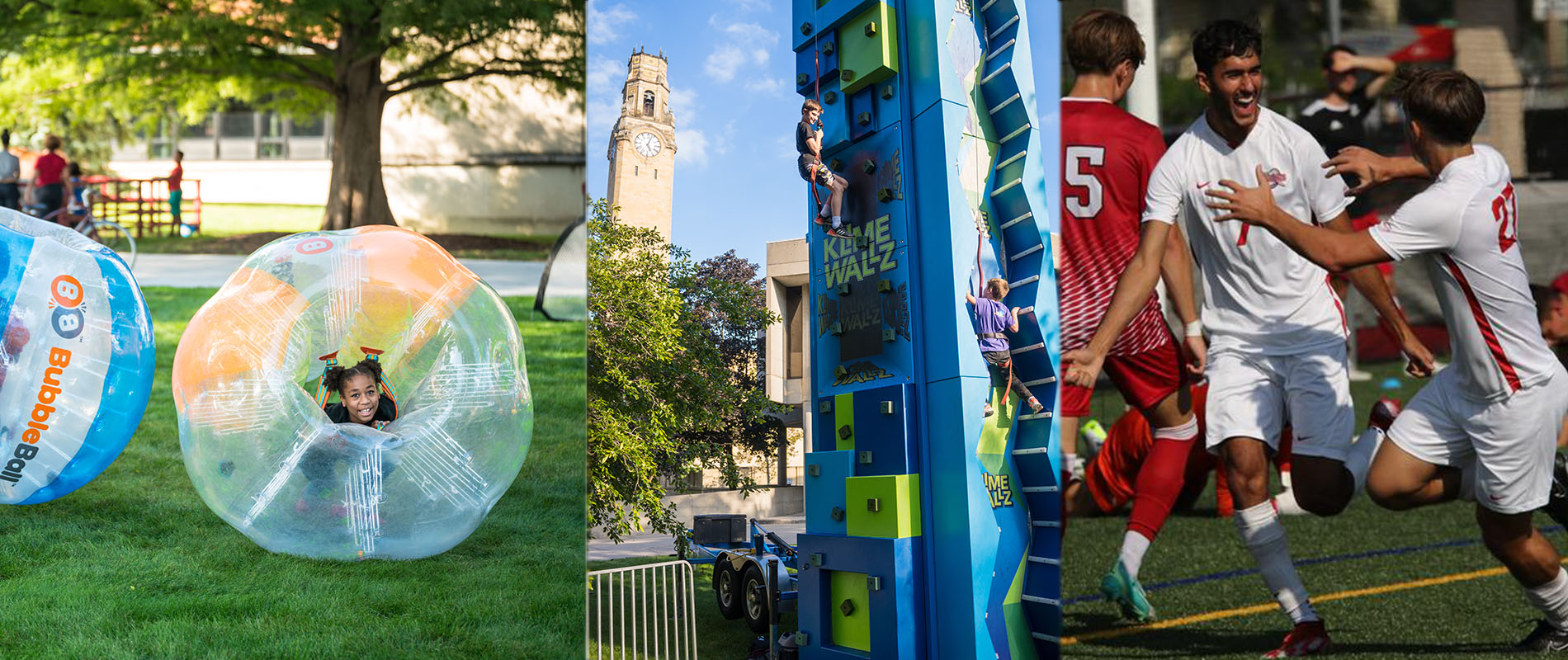 Three images are combined into one full width image. From left to right: A little girl smiles as she and other kids play bubble soccer; children climb a rock wall in front of the clocktower; two UDM men's soccer players celebrate during the team's Homecoming game.